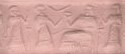 9a - ancient faded artifact of Ningal seated & 3 unidentified; Ningal was known throughout Mesopotamia, not just Ur