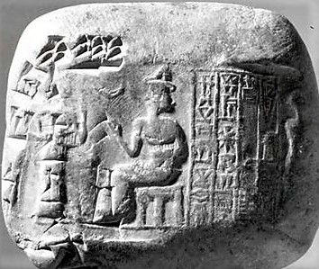 3h - missing semi-divine, Inanna grasping semi-divine by the wrist, & Nannar the Moon god seated on his throne in Ur, home of Biblical heroes Terah, Abraham, Ishmael, & Isaac