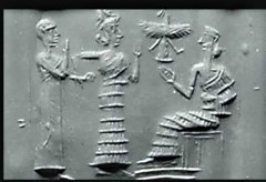 3k - giant semi-divine high-priest & king, Inanna grasping him by the wrist, & father Nannar on his throne in Ur; Nannar had many many son-in-law mixed-breed semi-divine kings; an ancient time when the gods married anyone they chose