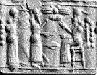 8o - siblings Ninhursag, Enlil & Bau seated, winged sky-disc / flying saucer seen above