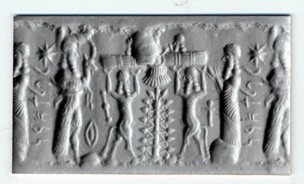 16j - Nannar on the ground with damaged Enki, King Anu, & Enlil in their winged sky-disc / flying saucer, & unidentified god on the ground