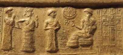 14 - excellent artifact of a semi-divine king & his goddess spouse Inanna in line begind another semi-divine, all come to see the Moon god Nannar