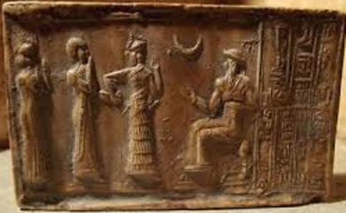 1c - Ninsun, her giant semi-divine grandson King Shulgi, his spouse Inanna, & father Nannar seated upon his throne inside the Temple of Ur, his full time residence; we don't know how many semi-divine kings Inanna espoused, nor how long it went on