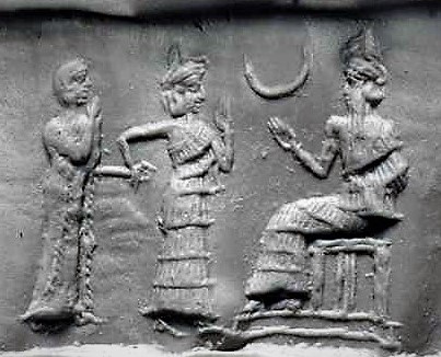 1da - Inanna brings semi-divine mixed-breed spouse-king by the wrist before her father Nannar, the Moon god & patron over Ur, the home of Biblical Abraham