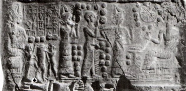 1i - faded giant Ningal seated on left, Ninsun, mixed-breed high-priest & king, Inanna, & Nannar, patron god over Ur; we don't know how many semi-divine kings Inanna espoused, nor how many thousand years it went on