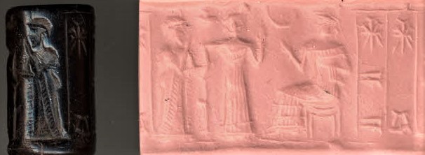 1p - again a semi-divine king, spouse Inanna, & mother-in-law Ningal; a scene from Mesopotamia so important that this seal artifact was made for history for all time