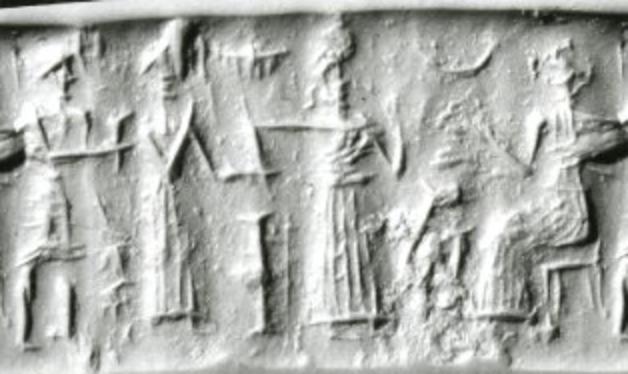 1pa - unidentified, semi-divine, spouse Inanna leads him by the wrist, & father Nannar seated in his patron city of Ur