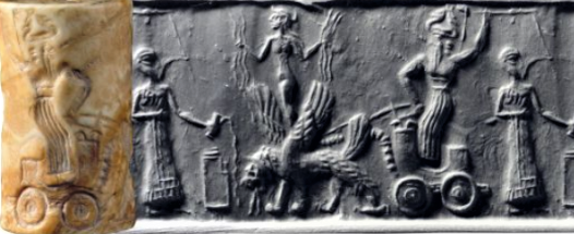 2 - semi-divine mixed-breed king, naked Inanna atop fire-spitting winged beast & Ninurta in his chariot; Ninurta's chariot flys powered by the fire-spitting beast, while Inanna rides along