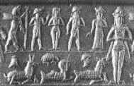 2b - semi-divine king, naked Inanna, & unidentified semi-divine, possibly Lugalbanda, & unidentified god