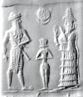 2ca - semi-divine king with legs exposed, naked Goddess of Love Inanna in background, & goddess Ninsun in long robe; Ninsun is identified by her pose of praise