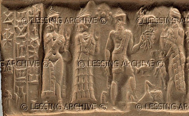 2e - half naked Inanna, Ninsun, Utu with foot upon disloyal earthling, & unidentified king; kings were given instructions from the gods, who were angry when instructions were not carried out, disloyalty was to pay the price