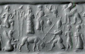 2h - semi-divine earthling on one knee before Enki, & Inanna; the kings & high-priests received their instructions directly from the gods