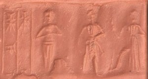 2i - ancient faded artifact of naked Goddess of Love Inanna standing with semi-divine spouse-king, & Utu with alien weapon, the 50-headed mace
