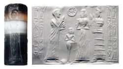 2j - giant semi-divine made king, naked Inanna in background, her mother Ningal, & his mother Ninsun, the mother of a few semi-divines made kings; we don't know how many semi-divine kings Inanna espoused, nor how long it went on