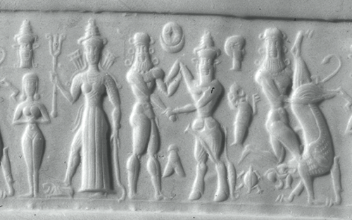 2r - Inanna nude, Inanna, spouse-King Gilgamesh, Enkidu, & Gilgamesh; ancient scene from the Gilgamesh sagas; See EPIC OF GILGAMESH on Uruk Page