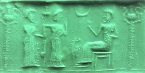 30 - unidentified semi-divine king, brought before Nannar by Inanna, introduced as her spouse; dozens & dozens, if not hundreds, of artifacts depicting Inanna holding a king by the wrist before Nannar