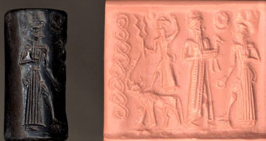 36 - Adad atop his bull symbol holding alien technologies, Nannar with one from his herds of edible animals in Ur, & Utu standing on a mountain; a scene of 3 gods from ancient days in Mesopotamia