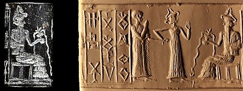 3ba - semi-divine spouse-king taken by the hand by his spouse Inanna, & Enki; Inanna drags her semi-divine spouse before Enki to curry favors from him for them