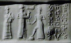 3c - Ninsun, her semi-divine son made king, & Inanna, an ancient scene from Mesopotamia important enough to make a long lasting artifact representing it; gods walking & talking to semi-divine earthlings