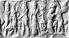 3p - Enkidu, 2/3rds divine King Gilgamesh, his goddess spouse Inanna, unidentified, & winged beast; there are many Gilgamesh artifacts & texts on the Uruk page like the "Epic of Gilgamesh"