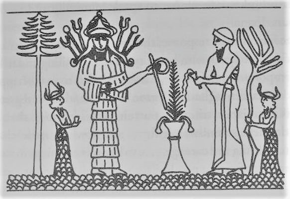 3x - unidentified god in background, Inanna with her semi-divine king, & unidentified god in background;, ancient days when the gods mingled with their semi-divine offspring