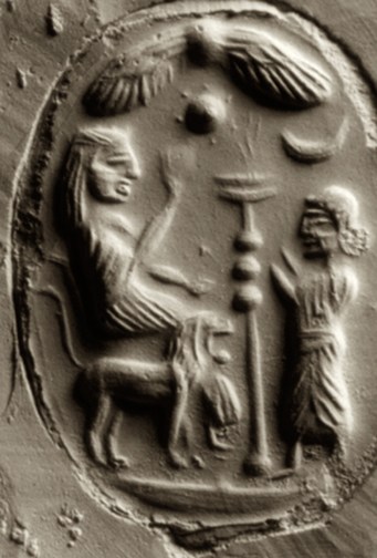 4 - Phoenician scarab artifact, Inanna with her lion symbol for Leo, & a semi-divine earthling; many semi-divine kings became spouse to the Goddess of Love Inanna