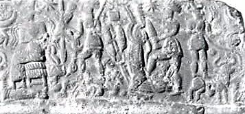 40 - faded artifact of Enki seated, unidentified, Utu, & Adad on Taurus the bull at far right