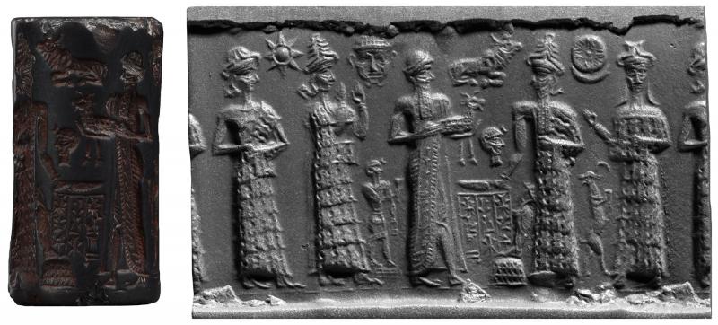 47 - Ningal, Ninsun, semi-divine king in background, Nannar with dinner, Utu, & Inanna; scene with 2nd & 3rd generation of royal blooded gods, only they are depicted with faces, etc.; this artifact too perfect to be done by man