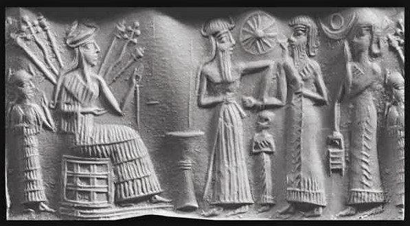 4b - Ninshubur in background, , powerful goddess Inanna with alien technologies, twin brother Utu, semi-divine king, & unidentified female