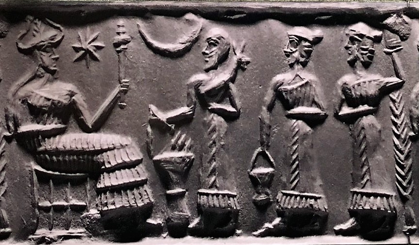 4c - Inanna seated upon her throne, semi-divine king brings food offering, & two unidentified females; there are hundreds of artifacts of kings bringing a goat or lamb sacrifice bar-b-que dinner for the gods