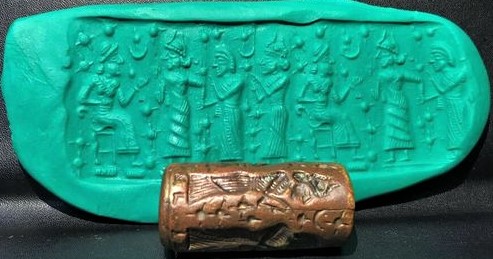 5 - mother goddess Ningal, her daughter Goddess of Love Inanna, a semi-divine king & spouse to Inanna, & Ninsun in a praise position; a scene from Mesopotamia so important that this seal artifact was made for history for all time