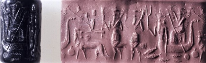 52 - Nuska, unidentified, Adad, & Utu; ancient artifact of a scene with their boat coming to shore; gods with animal bodies or not?