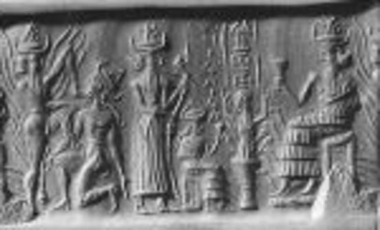58 - god of justice Utu executes unidentified god, Ninurta, Ninlil seated in backgroung, & Enlil; cousin gods battle each other's family; an ancient Hatfields & McCoys type grudge lasting for generations