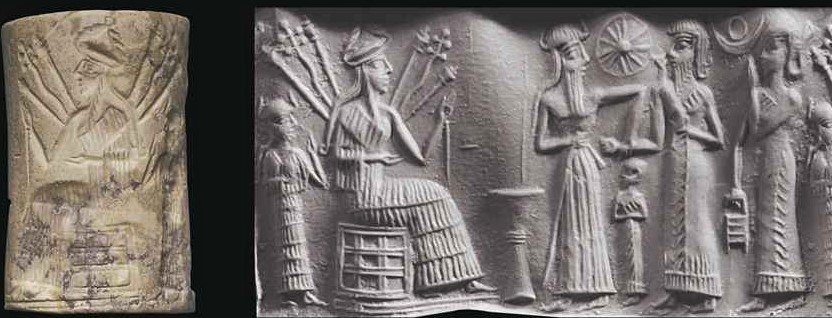 9e - Ninshubur in background, Inanna seated, Utu, semi-divine king, & unidentified female; semi-divines were brought before any one of the gods or before many gods, taking their directions & learning from them