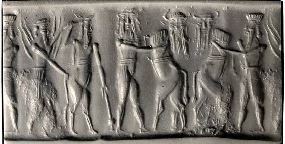 9r - ancient historical scene where Utu grabs Enkidu; Gilgamesh battles beast