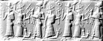 56 - ancient artifact of Adad with foot upon his bull symbol, Nannar with dinner, Marduk atop Mushhushshu, & Enki; historic scene from a time long forgotten