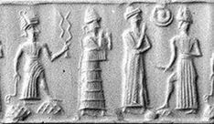 64 - Adad with forked lightning, niece Ninsun, older brother Nannar, & nephew Utu with his rock cutter; ancient scene important enough for history that artifact was constructed