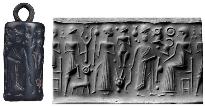 63 - ancient seal with Adad, Utu, Inanna in background, Nannar & Ningal