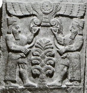 59 - Adad & unidentified with Tree of Life under flying disc; scene depicts Nibiru people having a say with our Tree of Life / DNA make-up