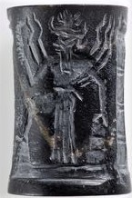 29 - pilot Utu with his alien mountain-cutting rock saw on ancient seal; cut & shaped rock into a cylinder, then reverse-carved negative image in detail, then rolled across wet clay to imprint the image, then fired printed image sometimes with text hot & hard