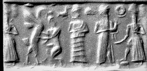 17d - Ninurta & Beast, Ningal, her spouse Nannar the Moon god, & her son Utu, the Sun god; Nannar brings one from his flocks for dinner