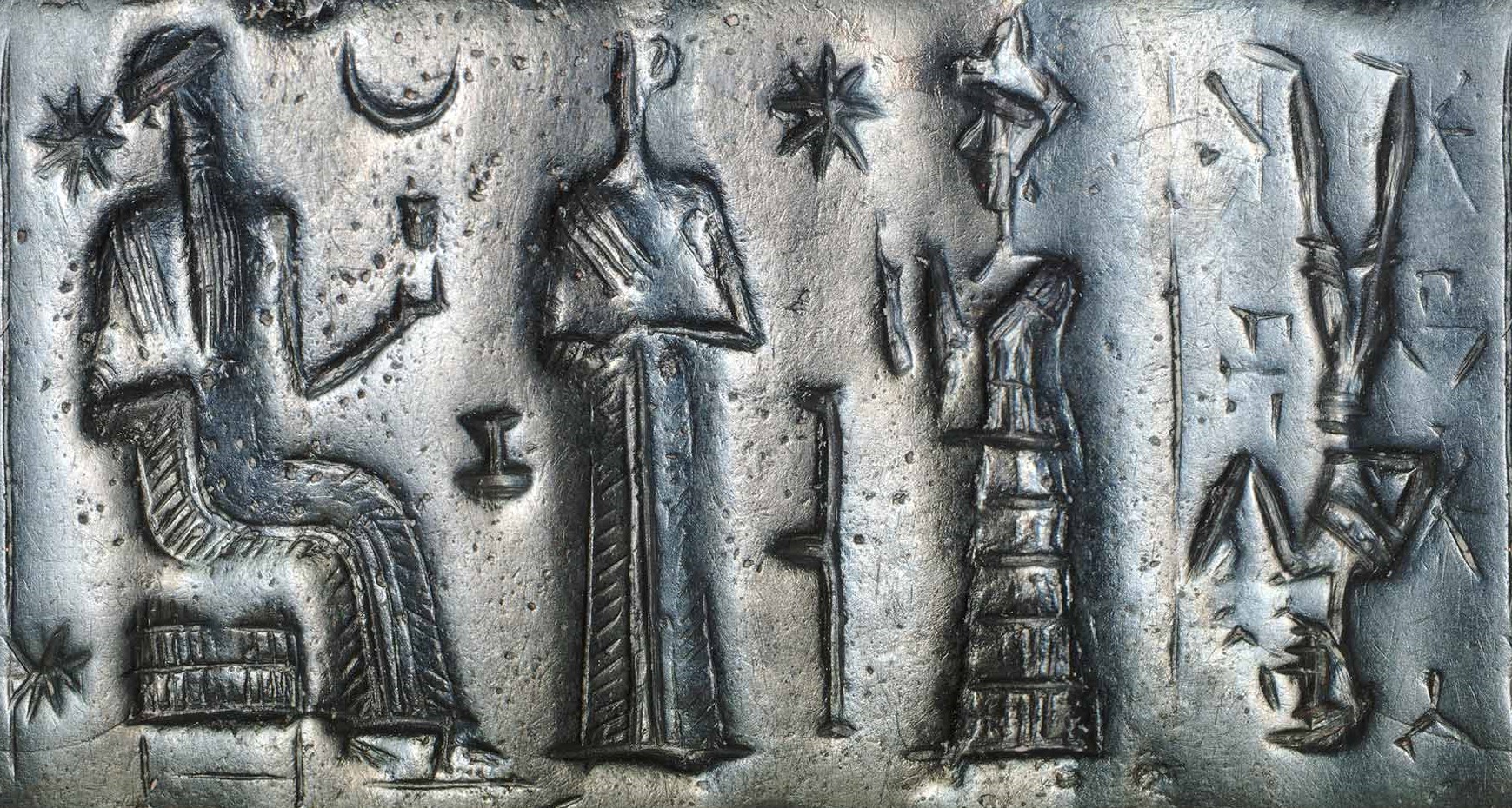 19 - Nannar, his son-in-law semi-divine mixed-breed king, & Ninsun, the king's goddess mother, dead past king upside-down; a scene so important that this artifact was made to commemorate the event for all time