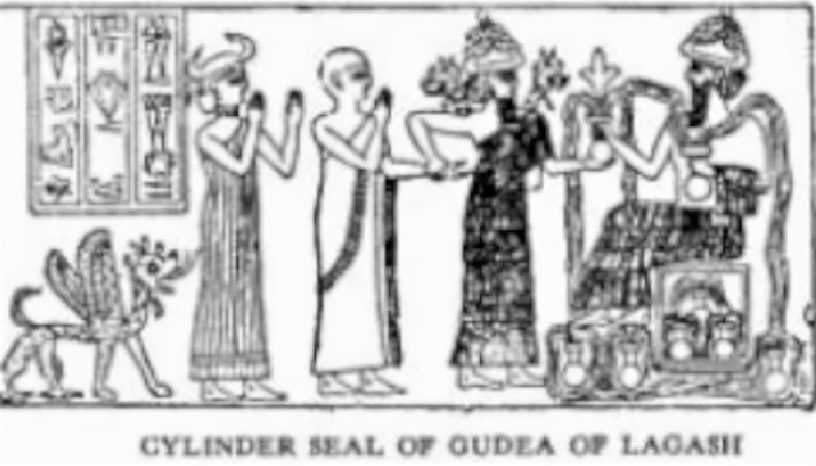 29 - Ninsun, her 2/3rds divine son King Gudea, Ningishzidda with his serpent symbol, & Enki, the great god over waters