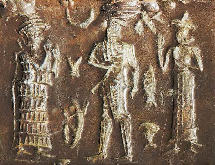 3 - Ninsun, unidentified but probable semi-divine son & king, & Ningal; ancient scene captured on artifact with one of Ninsun's semi-divine sons; an ancient scene so important that they made this artifact telling the story & lasting for thousands of years
