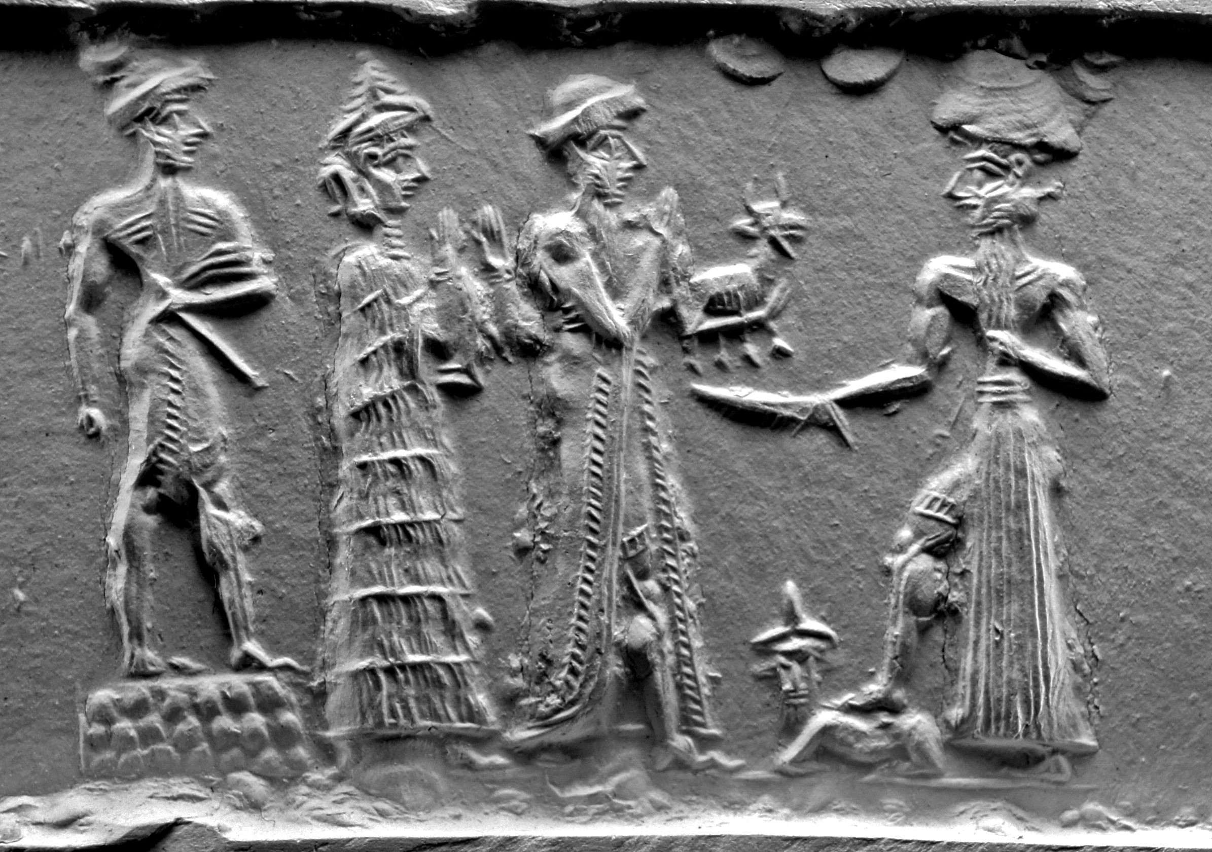 38 - semi-divine high-priest, Ninsun, her unidentified semi-divine son-king, possibly Ur-Namma, & Utu the Sun god; gods walking & talking with the semi-divine