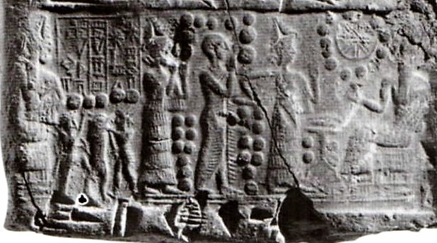 47 - damaged seated Ningal, Ninsun, a descendant mixed-breed king & high-priest, Inanna, & Nannar