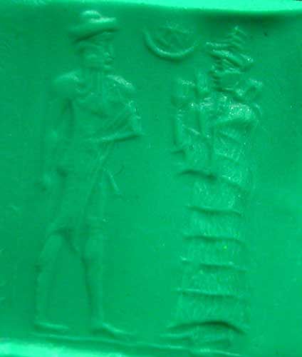 48 - Babylonian seal of unidentified semi-divine king & goddess Ninsun, possibly her descendant; the semi-divine were much bigger, taller, stronger, faster, smarter, & lived longer than earthlings