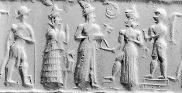 51 - semi-divine king, Ninsun, Nannar, Utu, & semi-divine high-priest upon the god's temple residence; a scene so important that they made this artifact to commemorate the event