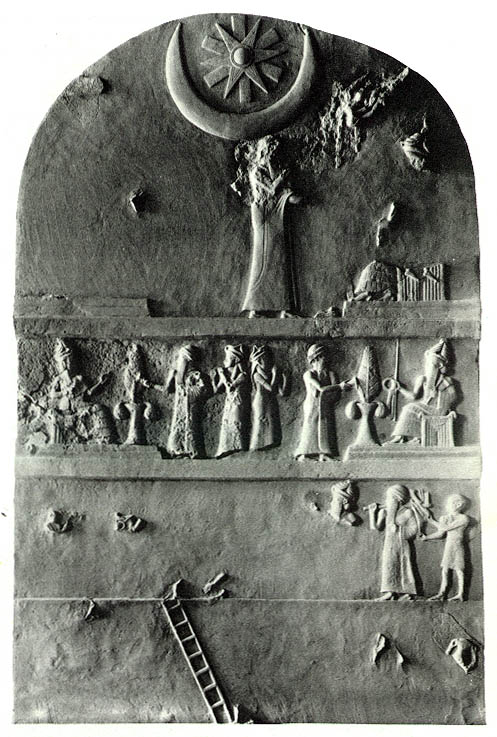 5k - King Ur-Namma stele, giant semi-divine stands before damaged bigger giant god Nannar, symbols of Nannar's Moon crescent & Utu's Sun above; a time when the gods walked & talked with the semi-divine earthlings