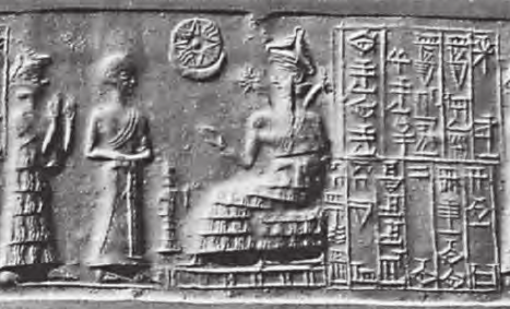 8 - goddess Ninsun brings her semi-divine son-king of Lagash, Gudea before Ningishzidda with his serpent symbol, his goddess spouse Inanna standing in the background; Inanna espoused dozens if not hundreds of kings for thousands of years